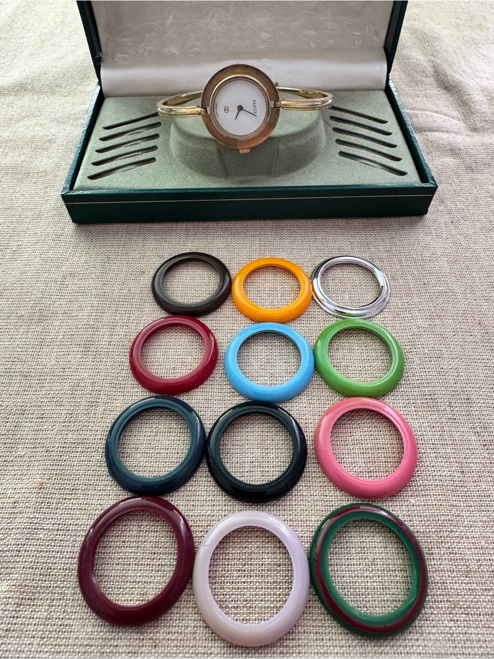 Gucci Gold Bangle Watch with Interchangeable Multicolor Bezels - Picture 3 of 16